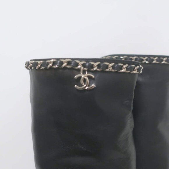 Chanel CC Chain-Trim Cap Toe Knee High Boots Black Leather Size 36.5 - Picture 2 of 15